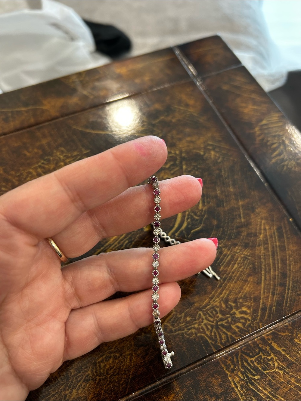 14 k white gold rubies and diamonds tennis bracelet